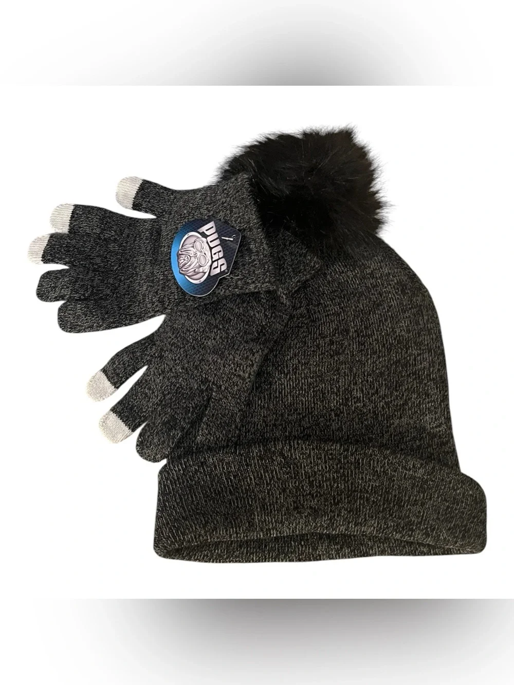 Kids Black Knit Pom Beanie with Matching Touchscreen Gloves